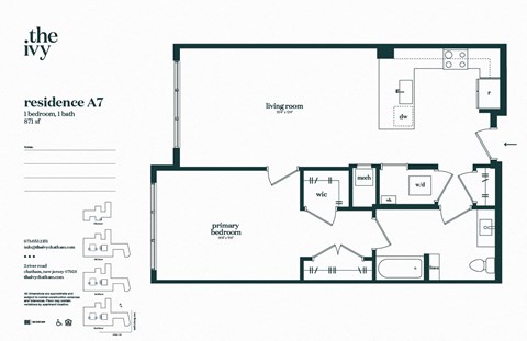 Floor plan for 1 bed, 1 bath, 871 sqft